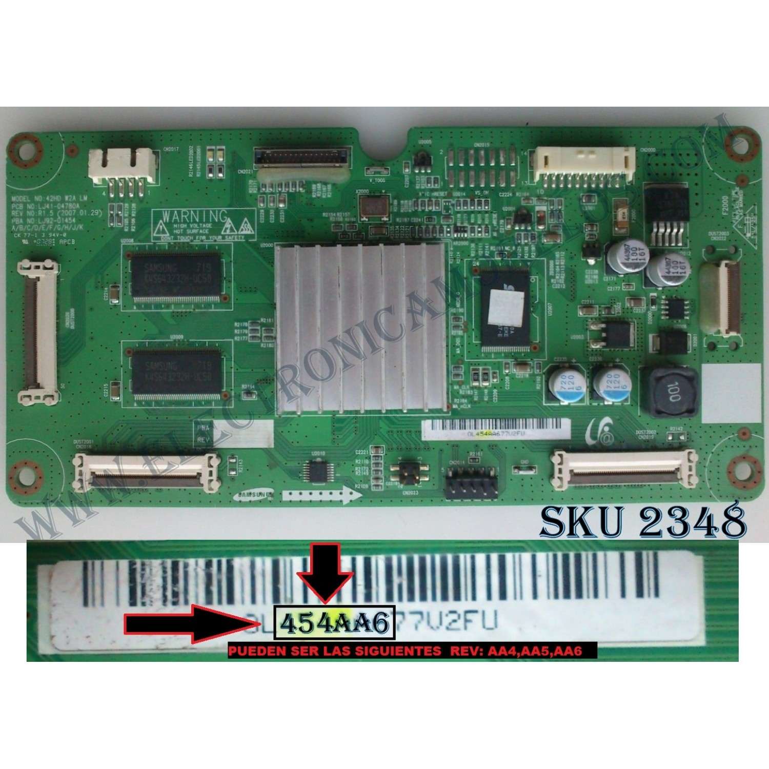 MAIN LOGICA 454A / SAMSUNG BN96-04596A / LJ92-01454 / LJ41-04780A / 454A / REV: AA4, AA5,AA6 / PANEL S42AX-YB03 / MODELO 42PFP5532D/05 / SAMSUNG PS42Q96HDX/XEU/PPM42M7HBX/XAA SK01/PPM42M7HBX/XAA 0001/HPT4264X/XAC/HPT4254X/XAC/HPT4234X/XAC/PS42Q97HDX/XEU